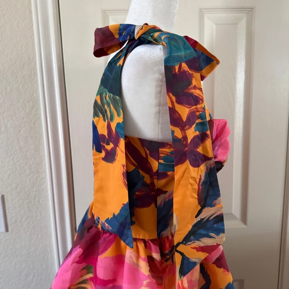 Farm Rio Tropical Floral Printed Colorful Layered Maxi Dress Size L Tie Straps - Picture 8 of 14